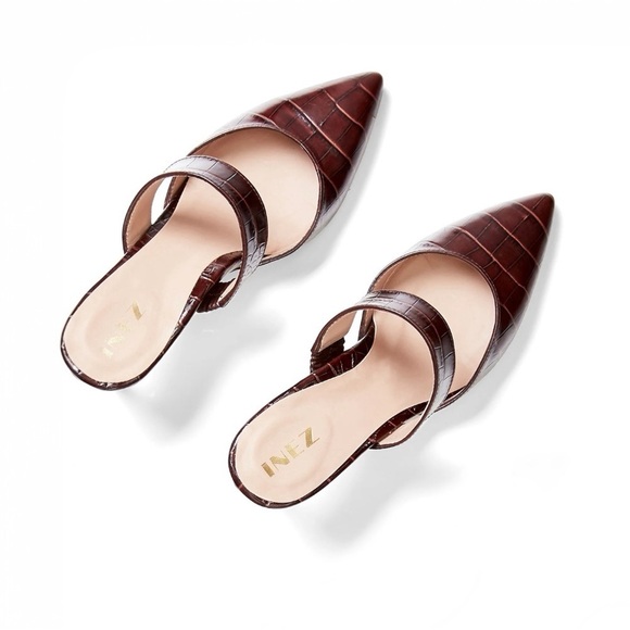 Inez Mora Mule in Cocoa Croco Pointed Toe Embossed Leather Slip-On Shoes - Picture 2 of 11